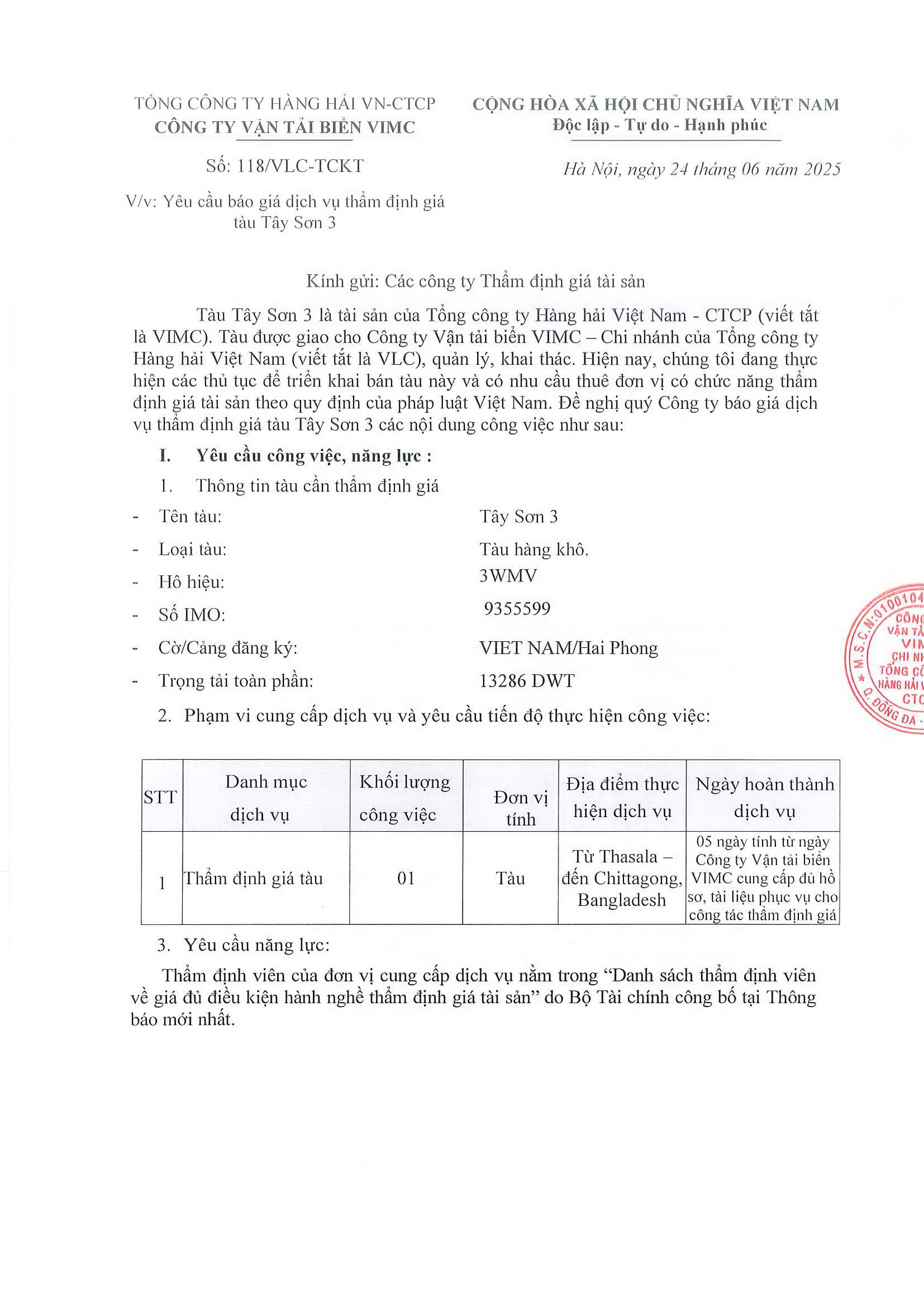 Yêu cầu báo giá dịch vụ thẩm định giá tàu Tây Sơn 3